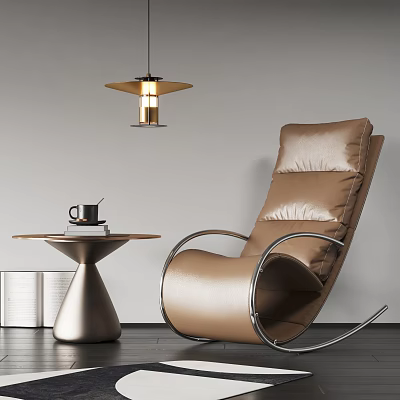 Brown Leather Lounge Chair With Metal Frame Side Table Coffee Cup And Book 3d model