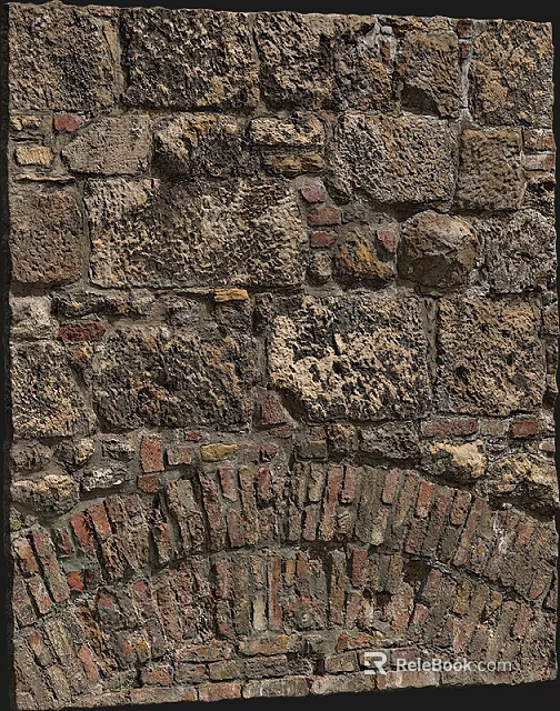 Building Exterior Wall With Textured Stone And Red Brick Traditional Rustic Design 3d model 