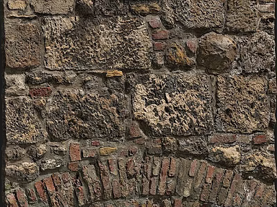 Building Exterior Wall With Textured Stone And Red Brick Traditional Rustic Design 3d model