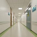 Bright Hospital Corridor With White Walls Green Floor Handrails Doors And Signs