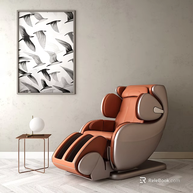 Orange And Gray Massage Chair In Interior With Side Table Lamp And Birds Wall Art 3d model 