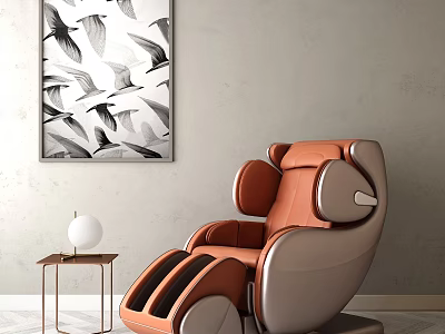 Orange And Gray Massage Chair In Interior With Side Table Lamp And Birds Wall Art 3d model