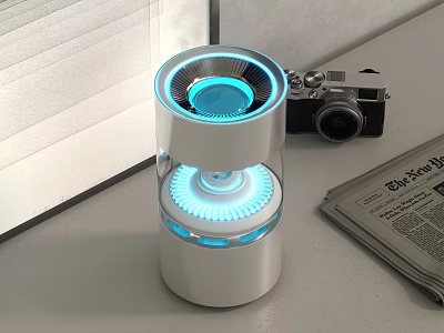 Stylish White Electronic Appliance Featuring Blue Light Ring And Modern Circular Design For Desktop Use 3d model