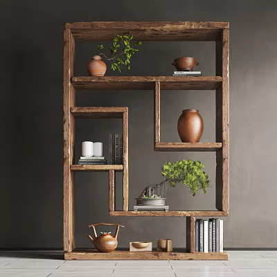 Rustic Wooden Decorative Cabinet With Shelves Clay Pots Green Plants And Books 3d model