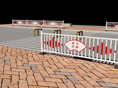 White Construction Fence With Red Warning Stripes For Vehicle Detour On Brick Pavement 3d model
