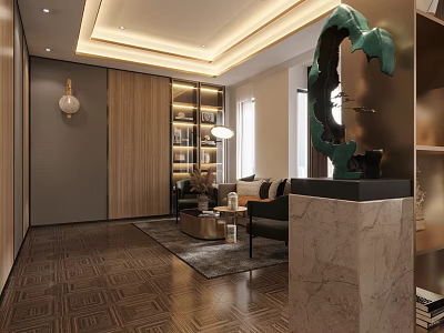 Modern Hotel Public Lounge With Wooden Panels Marble Accents Sofa Bookshelf And Sculpture 3d model