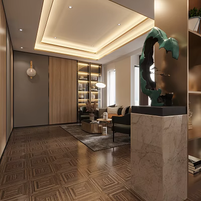 Modern Hotel Public Lounge With Wooden Panels Marble Accents Sofa Bookshelf And Sculpture 3d model