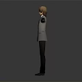 3D Animated Character in Gray Uniform with Brown Hair and Outstretched Arms