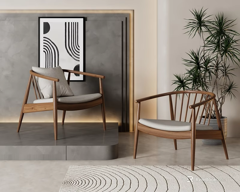 Modern Accent Chairs with Wooden Frame Armrests and Light Cushions Near Decorative Wall Plant 3d model 