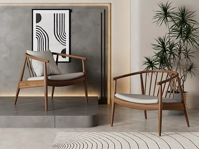 Modern Accent Chairs with Wooden Frame Armrests and Light Cushions Near Decorative Wall Plant 3d model