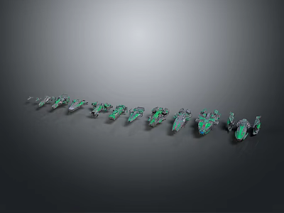 Green Shiny Decorative Gemstone Ornaments Arranged In Row On Dark Background 3d model