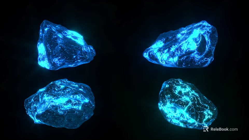 Wooden Stone Decorative Pieces Featuring Blue Glowing Texture On Black Background 3d model 