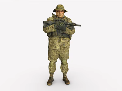 Man in Camouflage Military Uniform with Cap Holding Rifle in Standing Pose 3d model