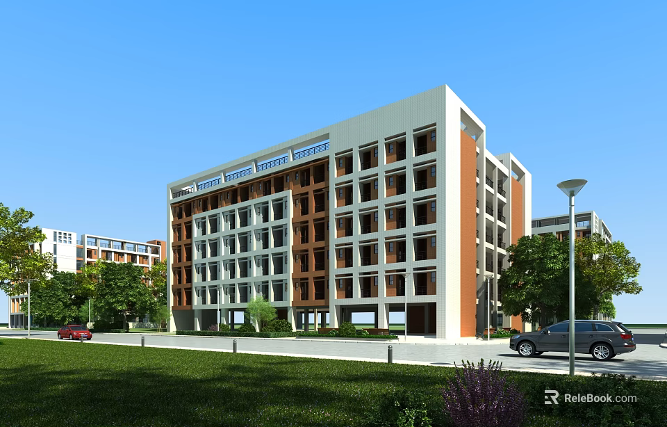 Modern School Building With White And Brown Facade Large Windows And Green Surroundings 3d model 