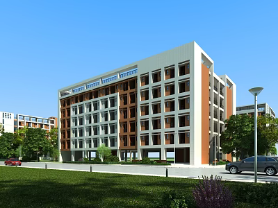Modern School Building With White And Brown Facade Large Windows And Green Surroundings 3d model
