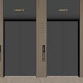 Two Modern Elevators With Silver Doors Level 1 2 Indicators And Wooden Panel Walls 3d model