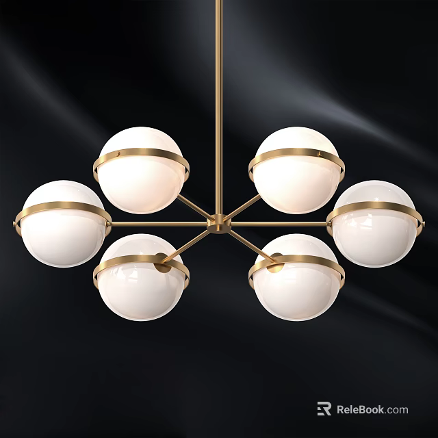 Contemporary Six Globe Chandelier With White Spherical Shades And Golden Frame 3d model 
