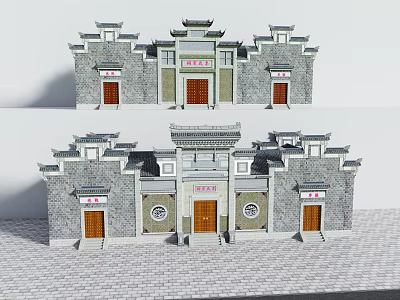 Traditional Chinese Ancient Architecture Design With Grey Tiles Brick Walls And Wooden Carved Doors 3d model