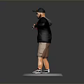 Man Wearing Cap Black Jacket Red T-Shirt Khaki Shorts Red White Shoes On Round Base