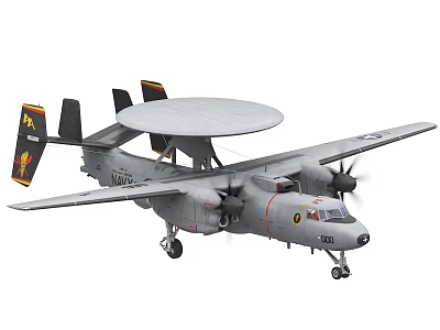 Gray Military Fighter Jet With Radar Dome Propellers And Wing Emblems 3d model