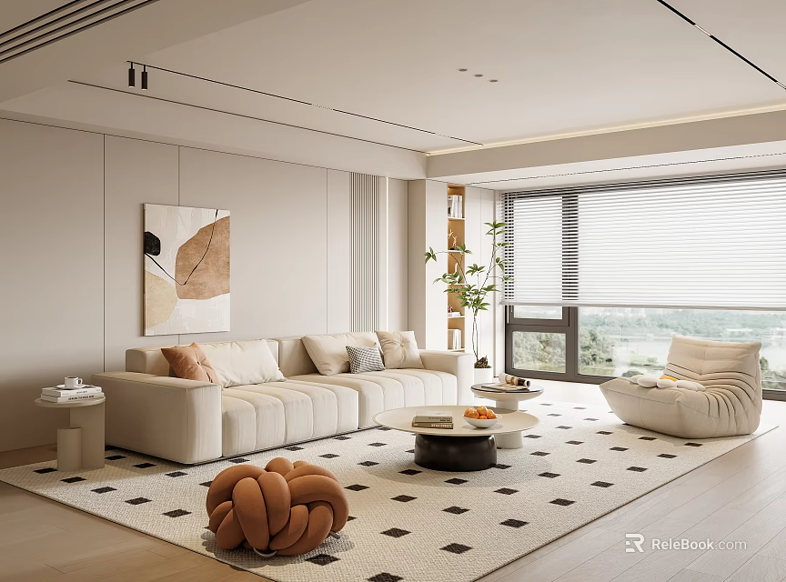 Modern Minimalist Living Room Interior With Beige Sofa Geometric Rug And Round Coffee Table 3d model 