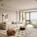Modern Cream Style Living Room Sofa Coffee Table Combination Lazy Sofa Stool Hanging Picture Green Planting Side Table 3d model