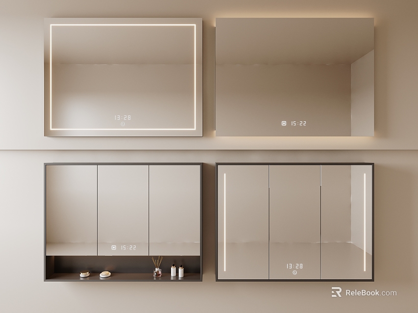 Modern Bathroom Mirrors With LED Lighting And Storage Cabinets For Home Interior Design 3d model 