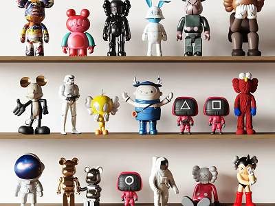 Colorful Art Sculptures With Diverse Designs Displayed on Three Wooden Shelves 3d model