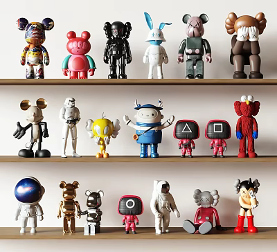 Colorful Art Sculptures With Diverse Designs Displayed on Three Wooden Shelves 3d model