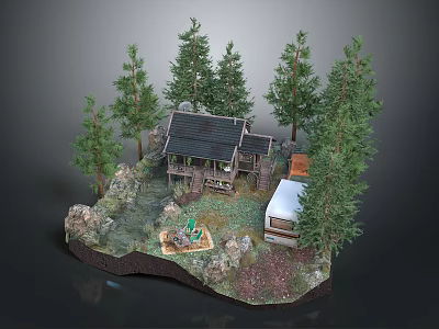 Cartoon Forest Scene With Log Cabin Tall Pine Trees Rocky Ground And Green Mat 3d model