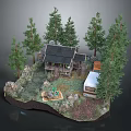 Cartoon Forest Scene With Log Cabin Tall Pine Trees Rocky Ground And Green Mat