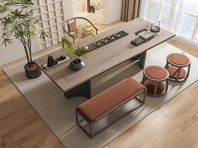 Modern Wooden Tea Table With Stools Bench Potted Plant And Tea Set 3d model