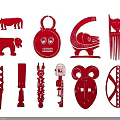 Red Handcrafted Traditional African Artifacts With Masks Sculptures And Ornaments