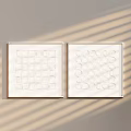 Abstract Paintings with Square Grid and Circular Patterns in White Frames on Light Gray Wall 3d model
