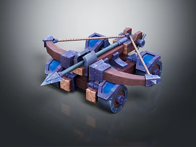 Medieval Mechanical Weapon with Wooden Brown and Blue Metal Components and Wheeled Design 3d model