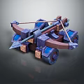 Medieval Mechanical Weapon with Wooden Brown and Blue Metal Components and Wheeled Design