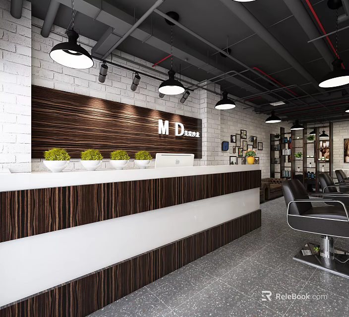Modern Beauty Hair Salon Interior With Wooden Reception Desk White Brick Wall And Pendant Lights 3d model 