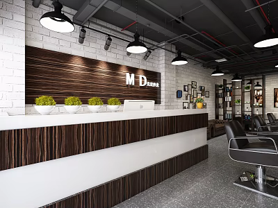 Modern Beauty Hair Salon Interior With Wooden Reception Desk White Brick Wall And Pendant Lights 3d model