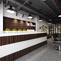 Modern Beauty Hair Salon Interior With Wooden Reception Desk White Brick Wall And Pendant Lights