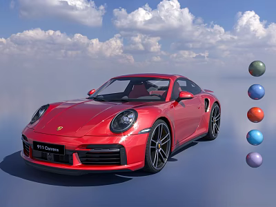 Red Porsche Sports Car Against Blue Sky With White Clouds And Colorful Spheres 3d model