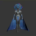 Woman In Decorative Silver Outfit With Elaborate Blue Purple Headdress And Flowing Blue Cape