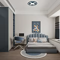 Modern Bedroom Interior Design With Cozy Bed Chandelier Bookshelf Bench Window And Soft Rug