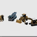 Blue Concrete Mixer Truck And Yellow Construction Vehicles Including Wheel Loader And Forklift
