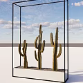 Cactus Potted Plants in Black Frame Glass Container with Small Pebbles and Blue Sky Background