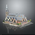 Traditional Architectural Model With Spire Tower Multiple Gabled Roofs Arched Windows And Green Plants