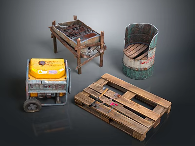 Vintage Assorted Items Including Old Wooden Pallet Rusty Barrel And Yellow Cart 3d model