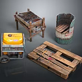 Vintage Assorted Items Including Old Wooden Pallet Rusty Barrel And Yellow Cart