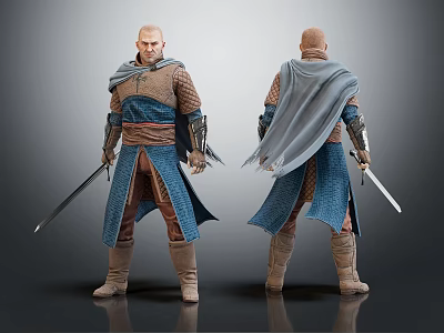 Dual View Human Warrior Character With Sword And Blue Brown Outfit Design 3d model