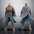Dual View Human Warrior Character With Sword And Blue Brown Outfit Design
