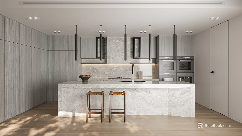 Modern Kitchen Interior With Marble Island Cabinets Pendant Lights Appliances And Bar Stools 3d model 